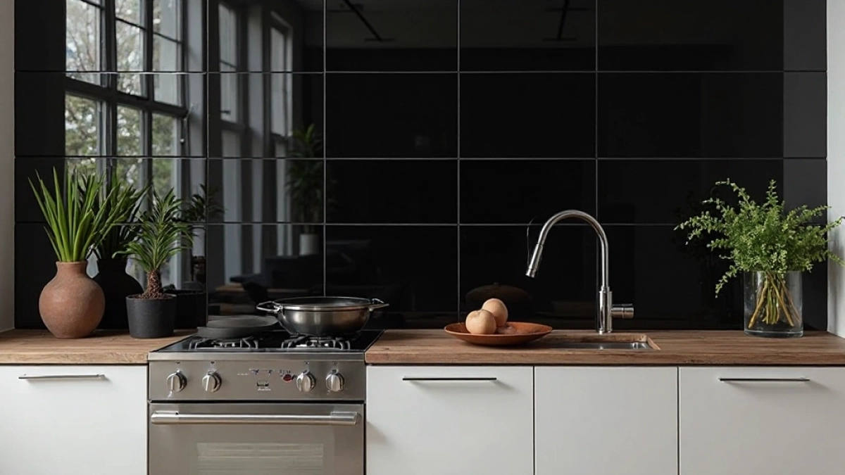 Czarne płytki w kuchni nad blatem
