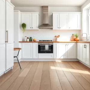 Biała kuchnia z drewnianym blatem  jaka podłoga
